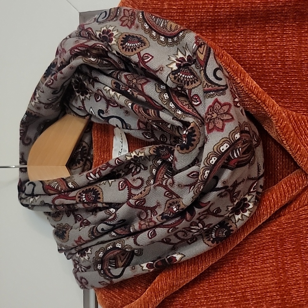 Paisley Infinity Scarf Grey Blue Maroon 29 Inches